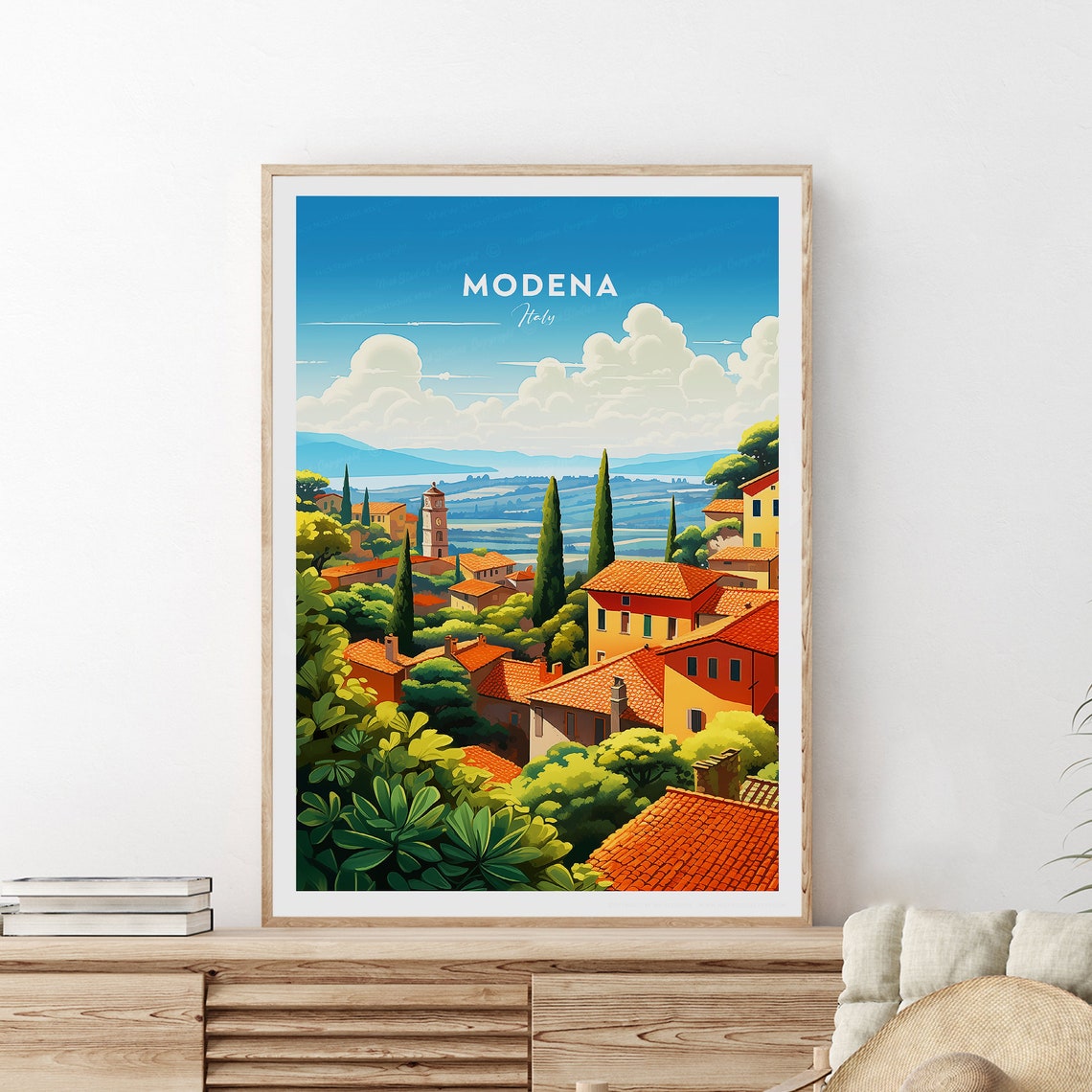 Modena Italy Sunset View Terracotta Hill Town Village Travel Poster