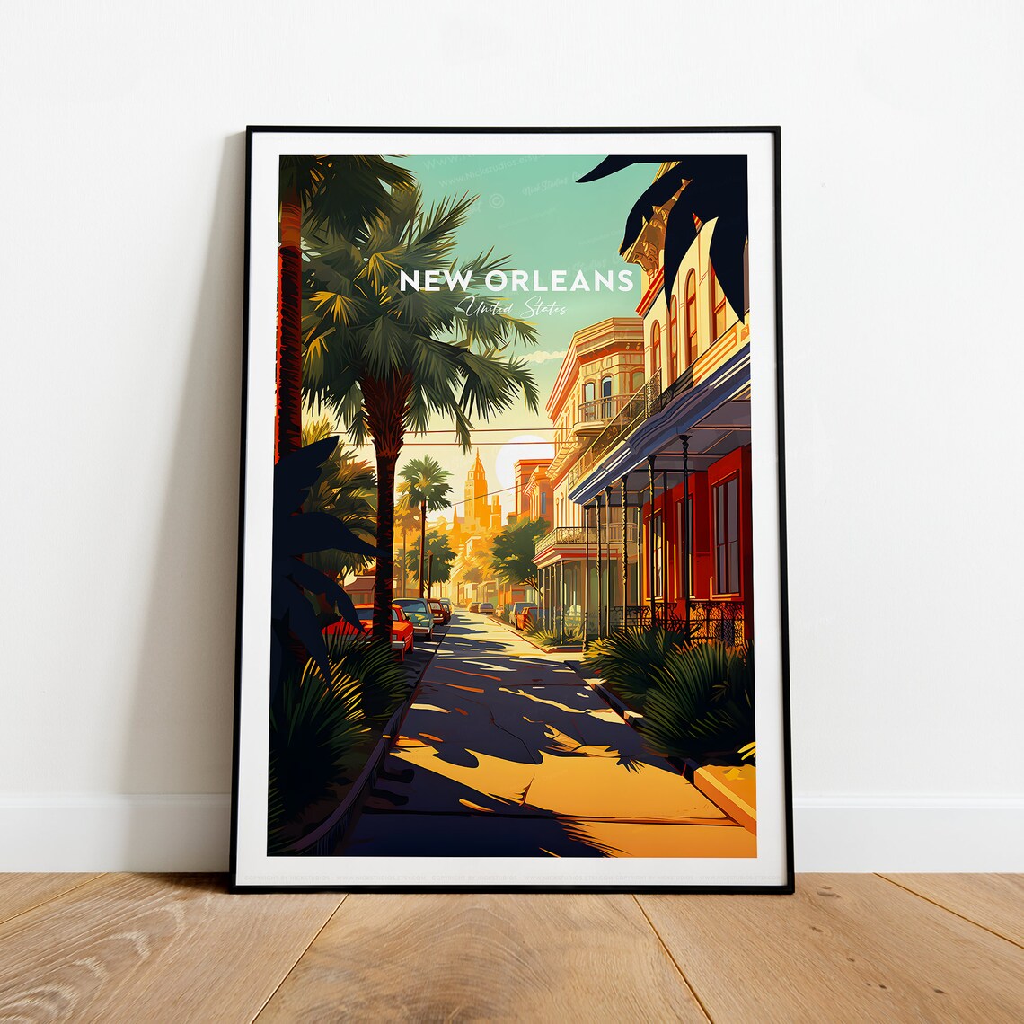 New Orleans French Quarter Palms Sunset Vintage Travel Poster - Image 2