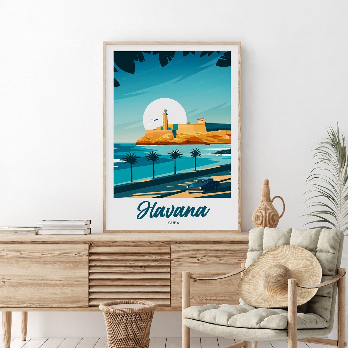 Havana Cuba Morro Fortress Classic Car Retro Sunset Travel Poster