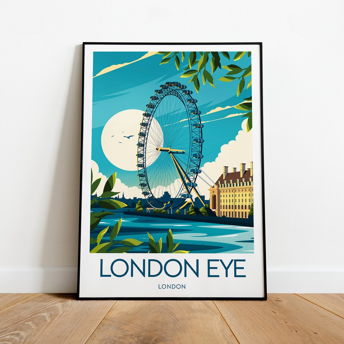 Sunny London Eye Ferris Wheel Over the River Thames Travel Poster