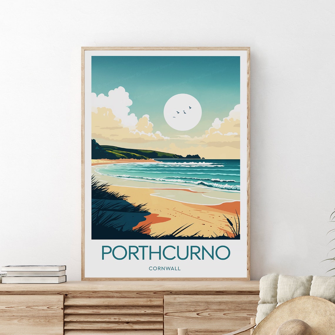 Porthcurno Cornwall Golden Shoreline Surf Seaside Travel Poster