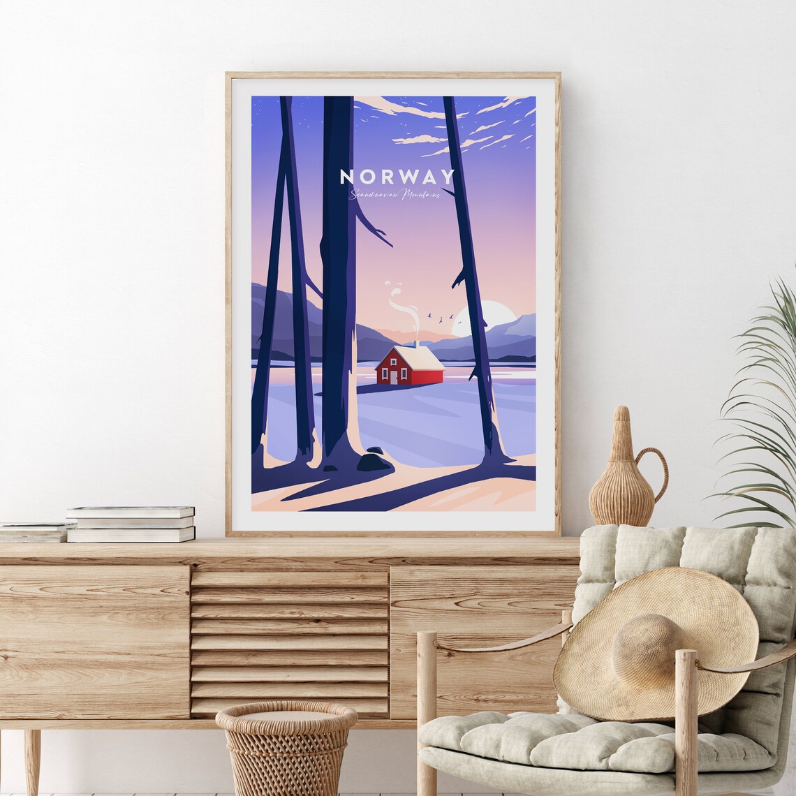 Norway Scandinavian Mountains Red Cabin on Frozen Lake Poster