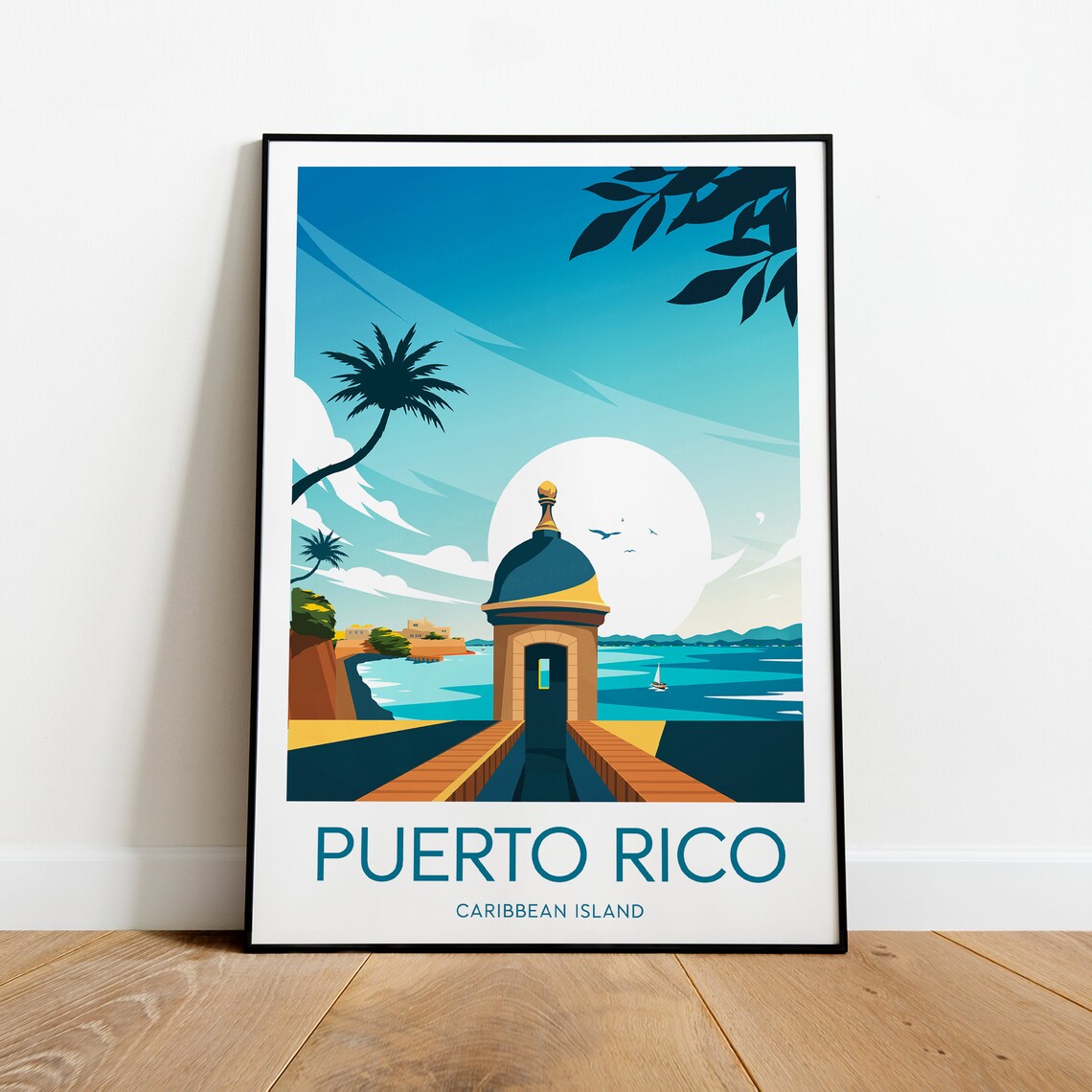 Puerto Rico Caribbean Island Moonlit Tower Palm Coastal Scene Travel Poster - Image 2