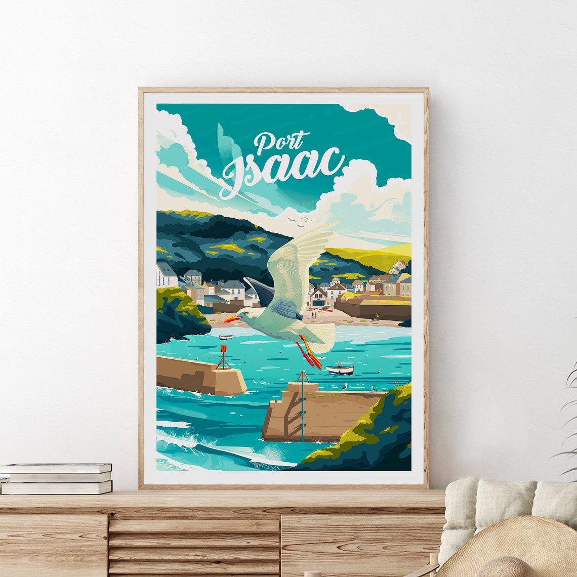 Port Isaac Cornwall Harbor Seagull Coastal Village Travel Poster