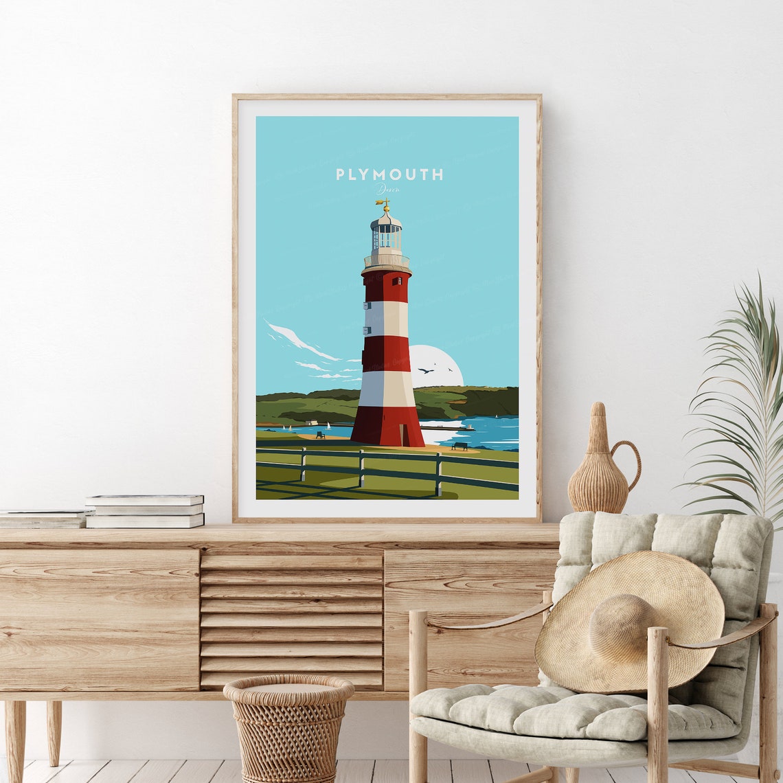 Plymouth Devon Smeatons Tower Lighthouse Coastal Travel Poster