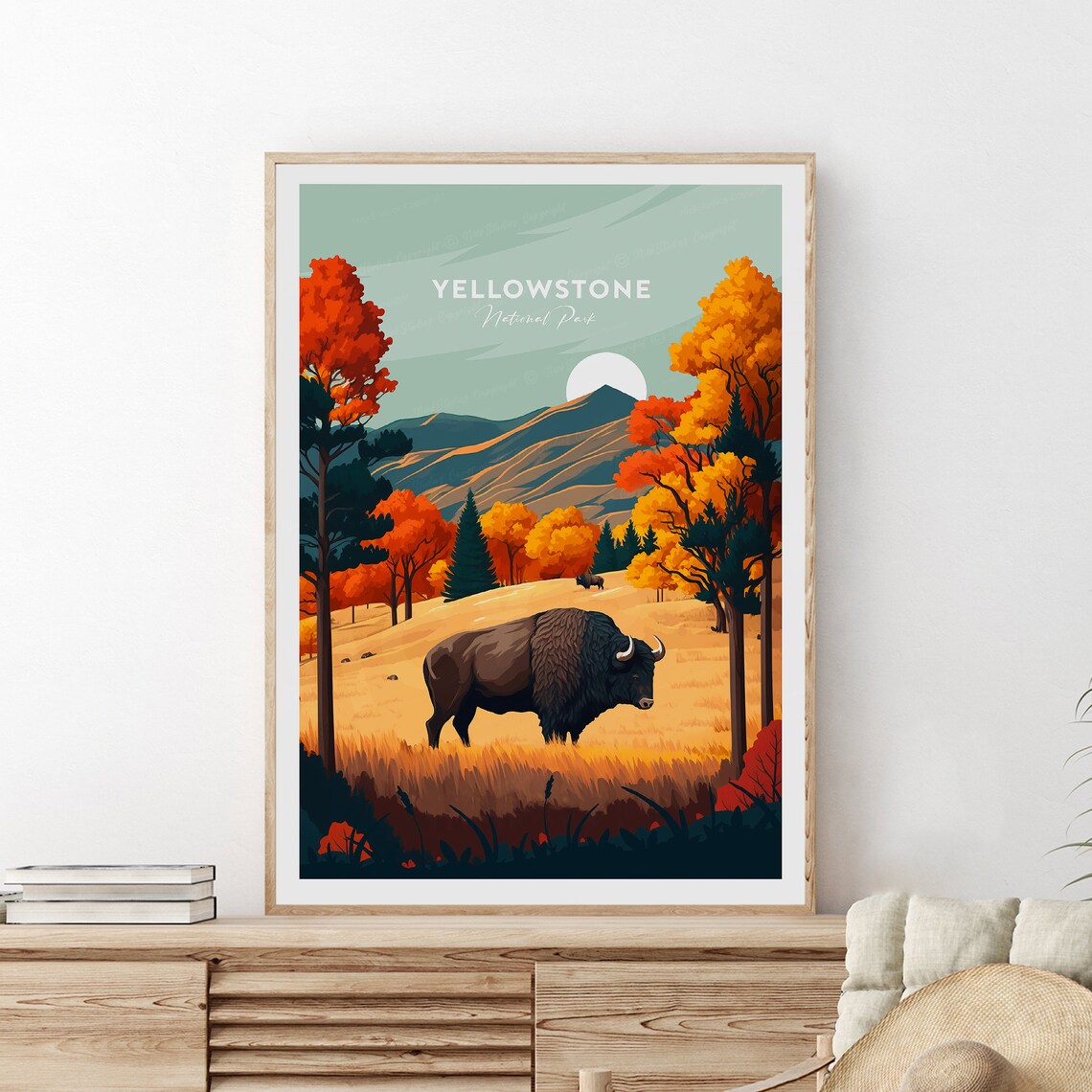Yellowstone National Park Bison Autumn Meadow Wildlife Art Poster