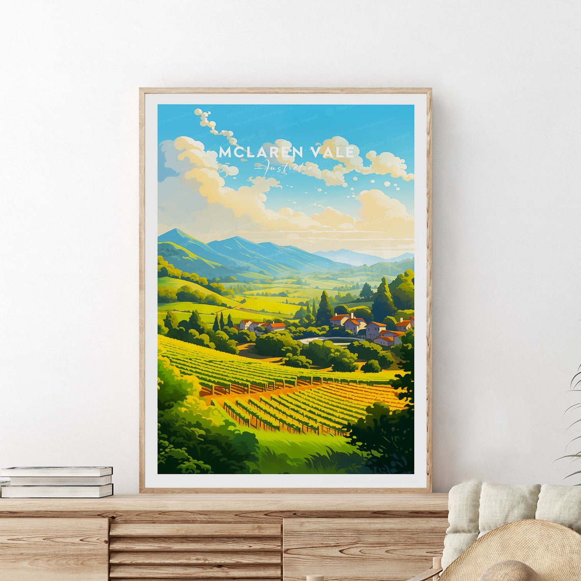 McLaren Vale Vineyard Rows beneath Rolling Village Hills Poster