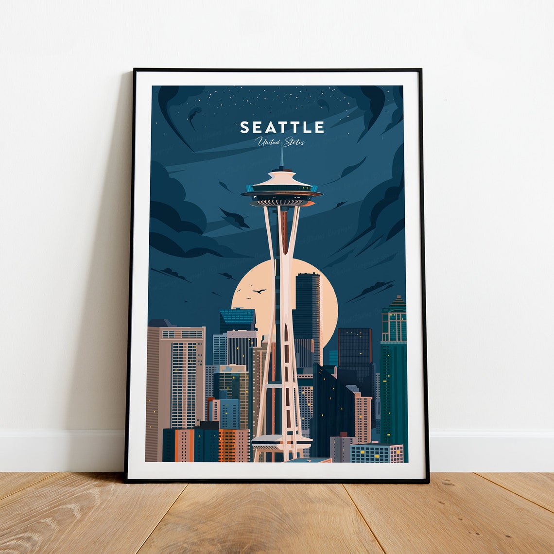 Seattle Washington Evening Skyline with Space Needle Night Poster