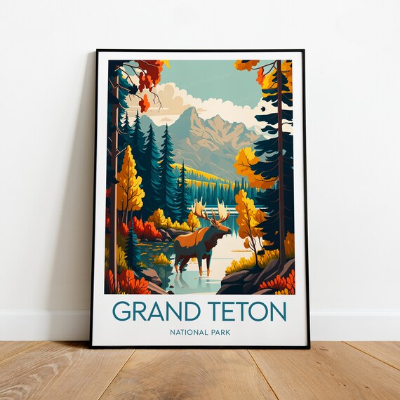 Grand Teton National Park Moose by Autumn Lake Reflection Travel Poster
