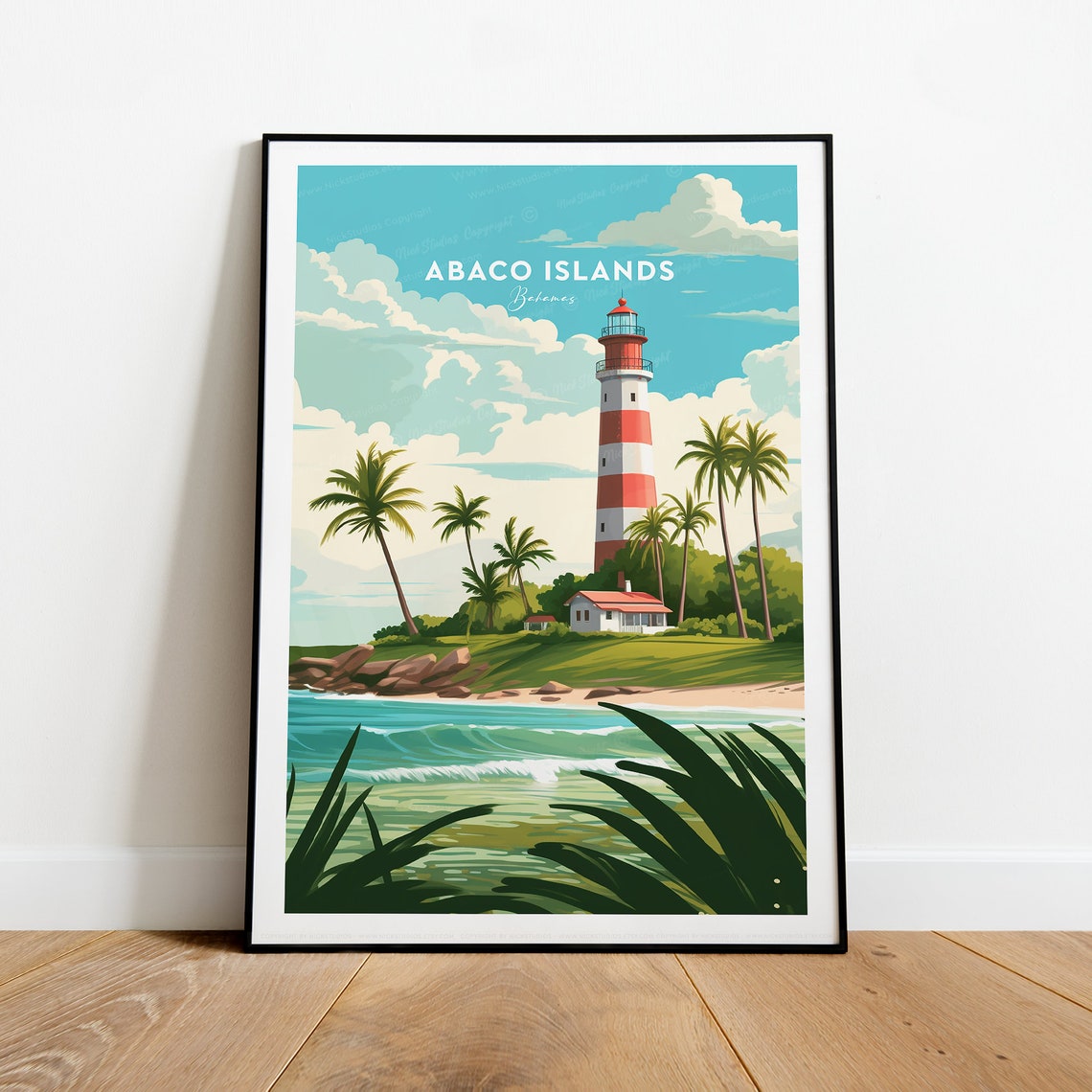 Abaco Islands Bahamas Lighthouse Palm Beach Vintage Travel Poster - Image 2