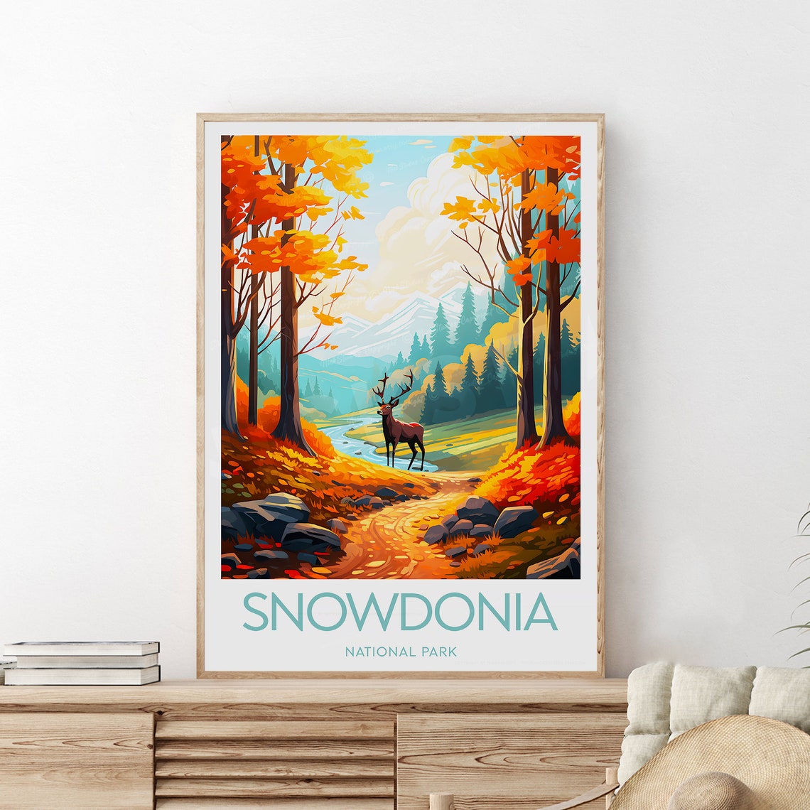 Snowdonia National Park Autumn Deer Forest Vintage Travel Poster