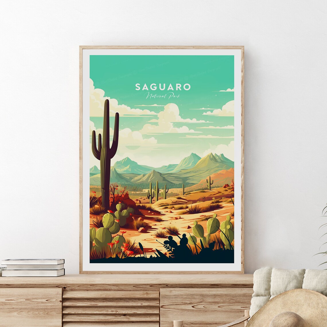Saguaro National Park Desert Cactus Sunset Landscape Travel Poster