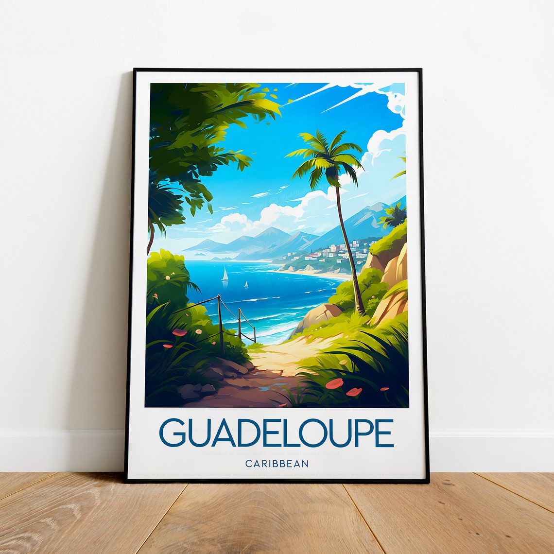 Guadeloupe Caribbean Tropical Bay Palm Path Island Trail Travel Poster