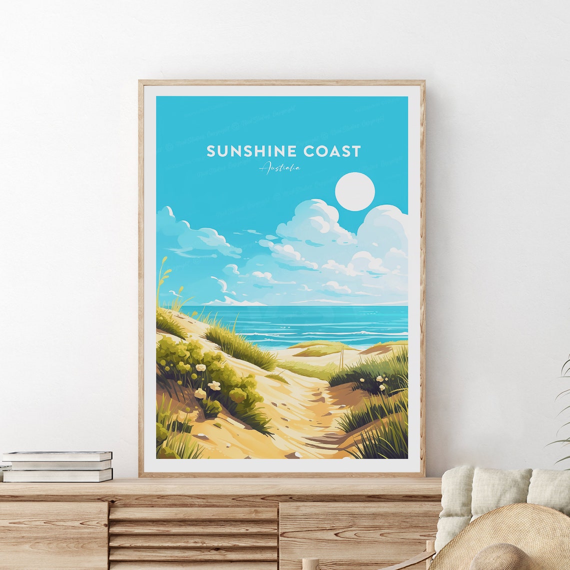 Sunshine Coast Australia Beach Dune Golden Sky Travel Poster