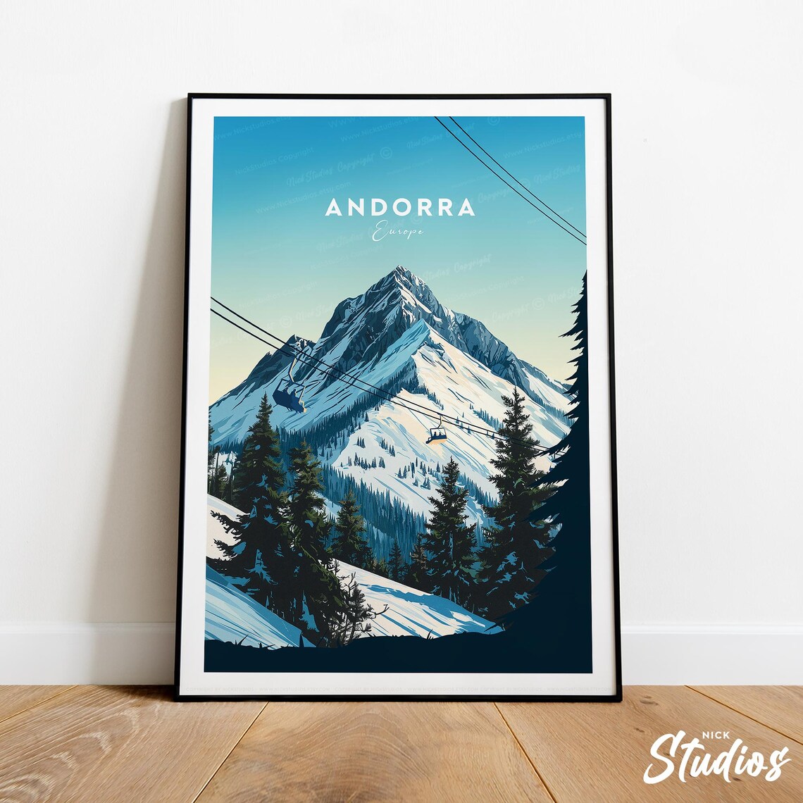Andorra Europe Ski Resort Traditional Alpine Chairlift Winter Poster