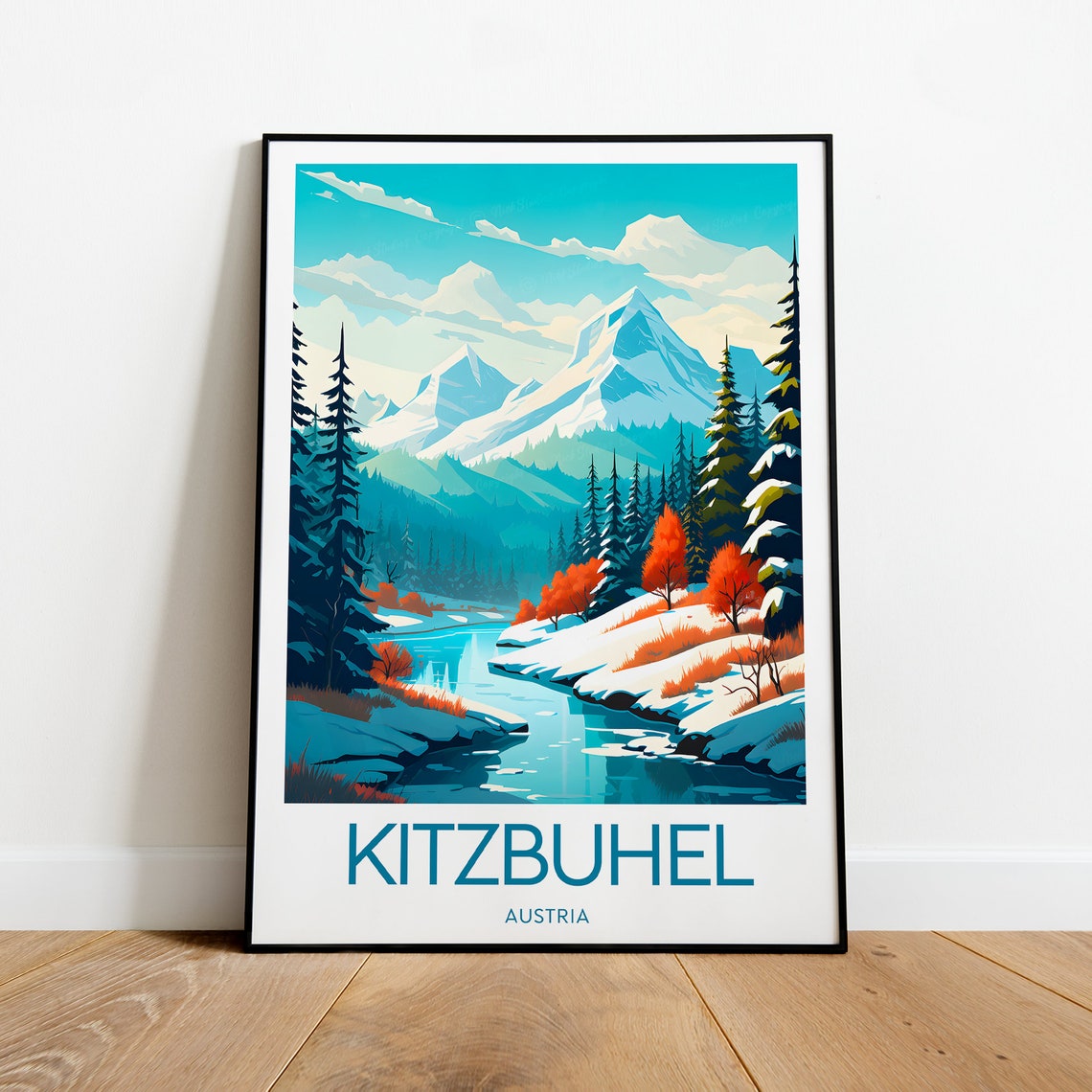 Kitzbuhel Austria Alpine Ski Mountain Stream Autumn Snow Travel Poster