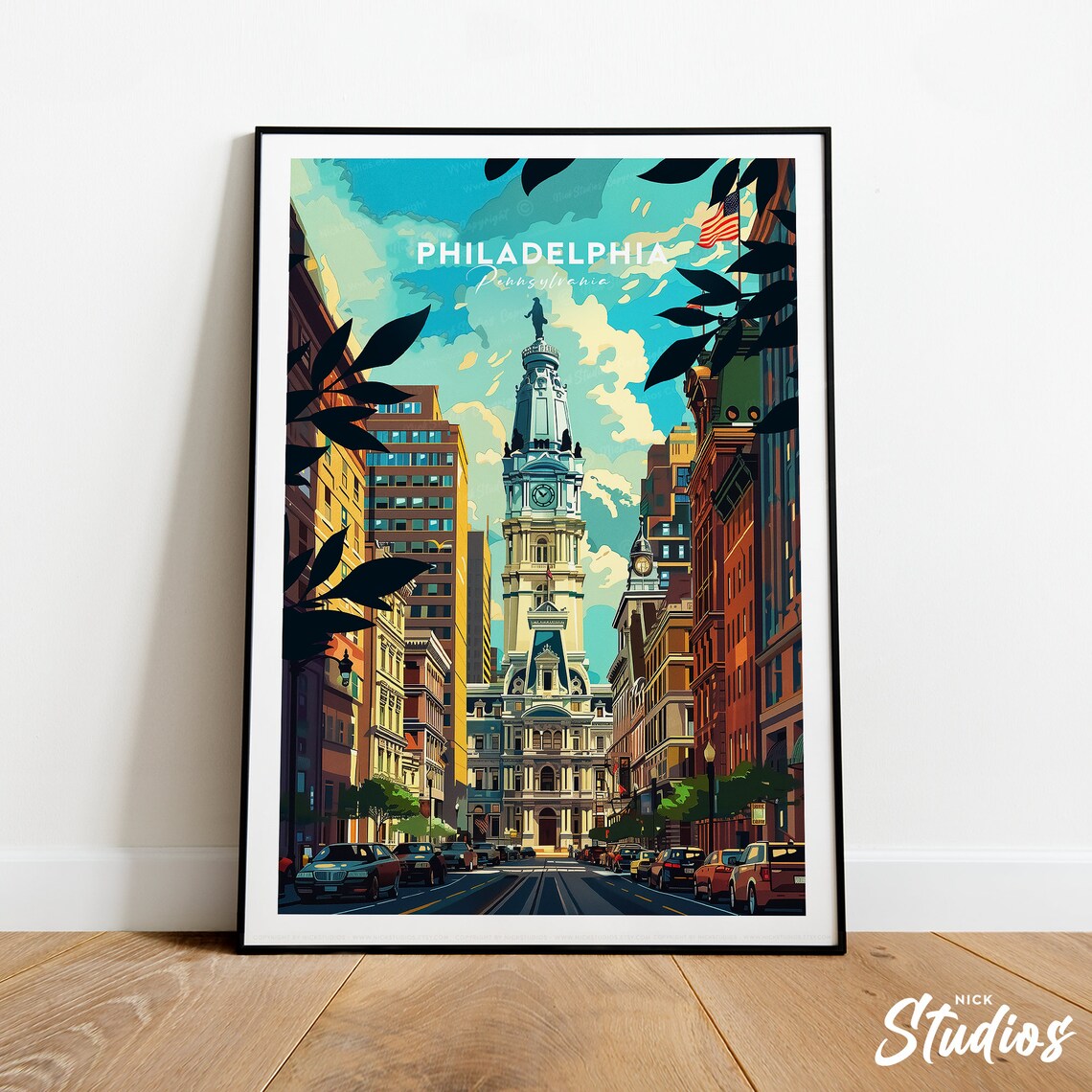 Philadelphia City Hall Traditional Historic Street Travel Poster