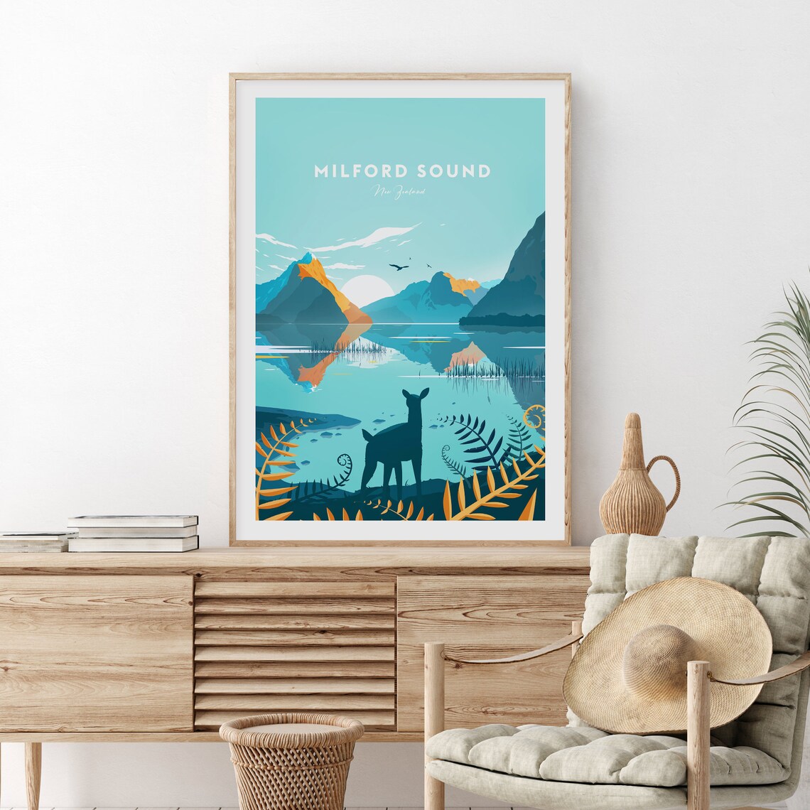 Milford Sound New Zealand Fiord Peaks Deer Vintage Travel Poster - Image 2