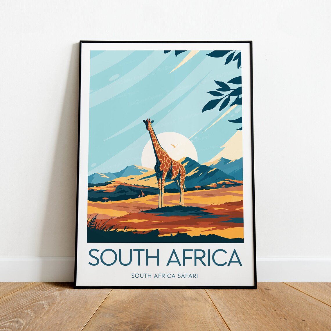 South Africa Safari Giraffe on Golden Savanna Sunset Travel Poster