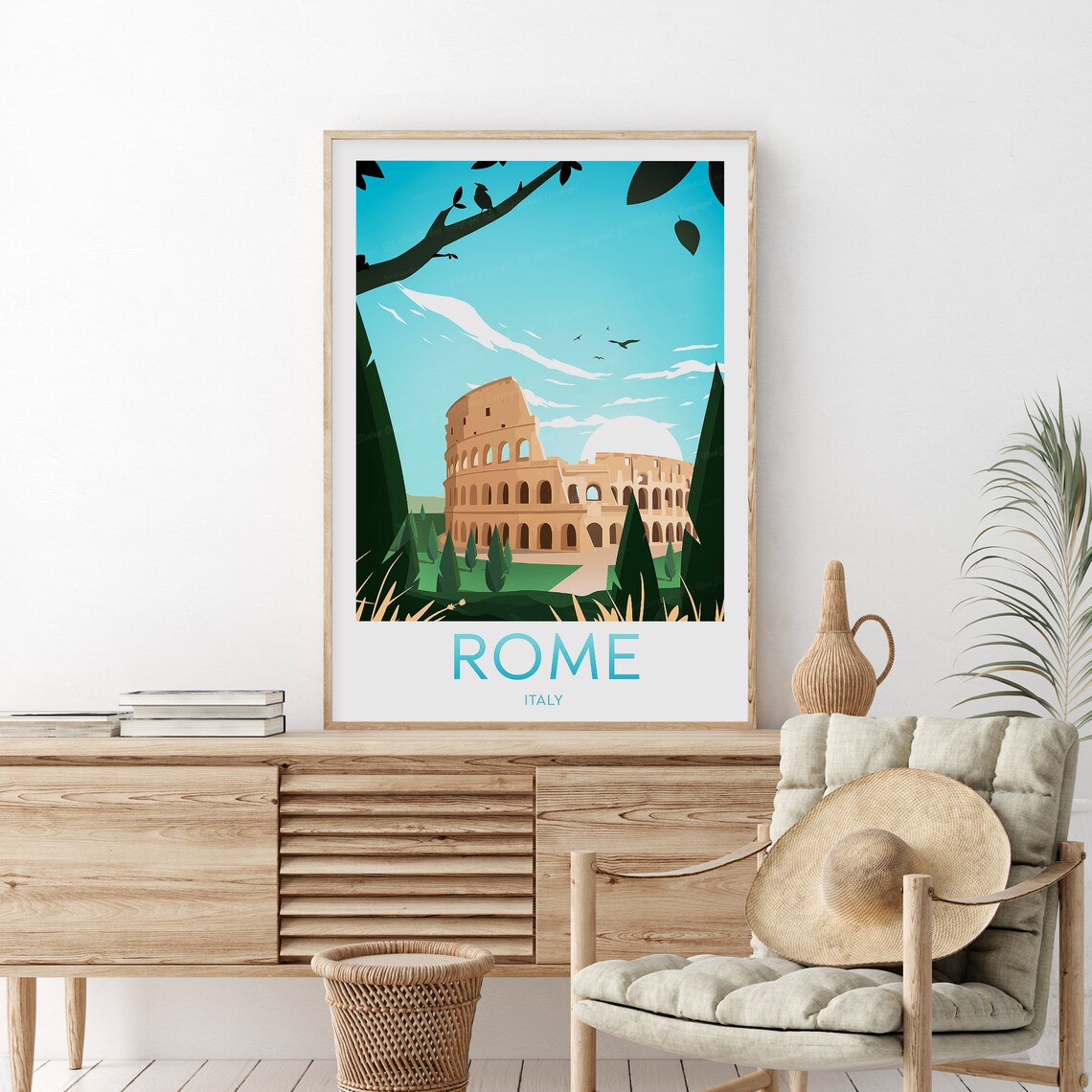 Rome Italy Colosseum Ancient Landmark Modern Flat Style Travel Poster