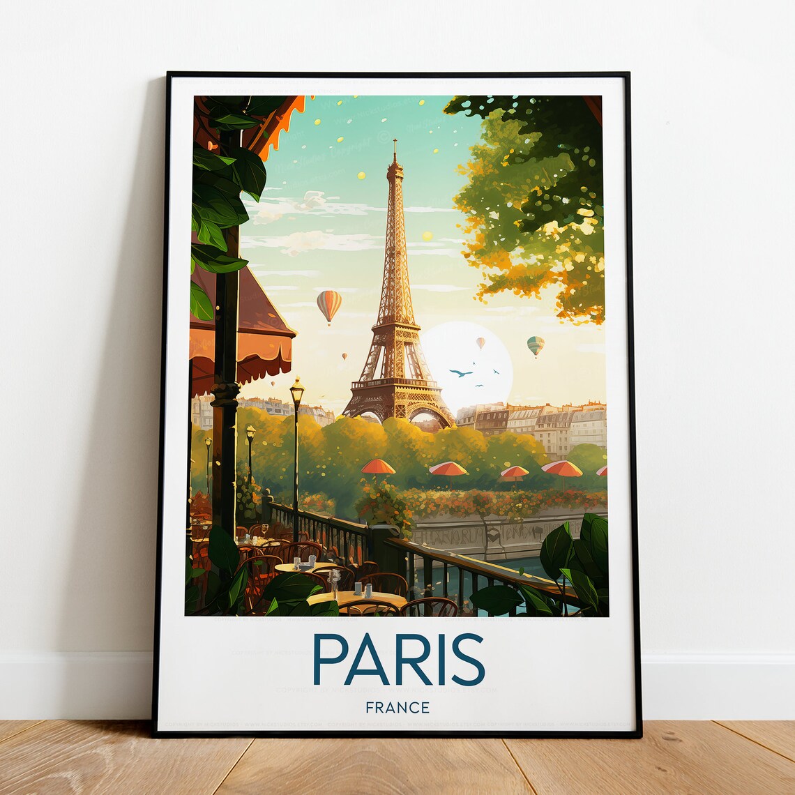 Paris France Eiffel Tower Cafe Terrace Vintage Travel Poster