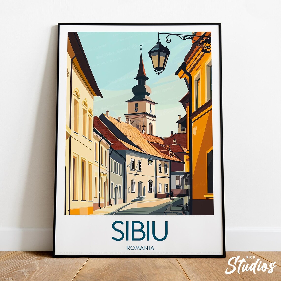 Sibiu Romania Historic Old Town Tower Street Retro Travel Print