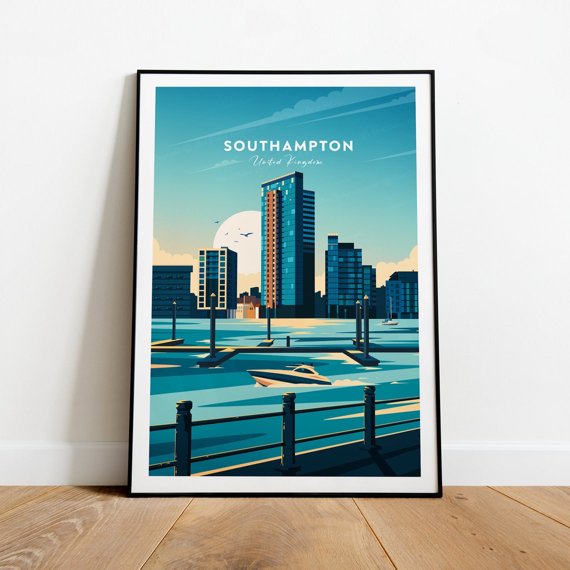 Southampton United Kingdom Waterfront Marina Skyline Travel Poster