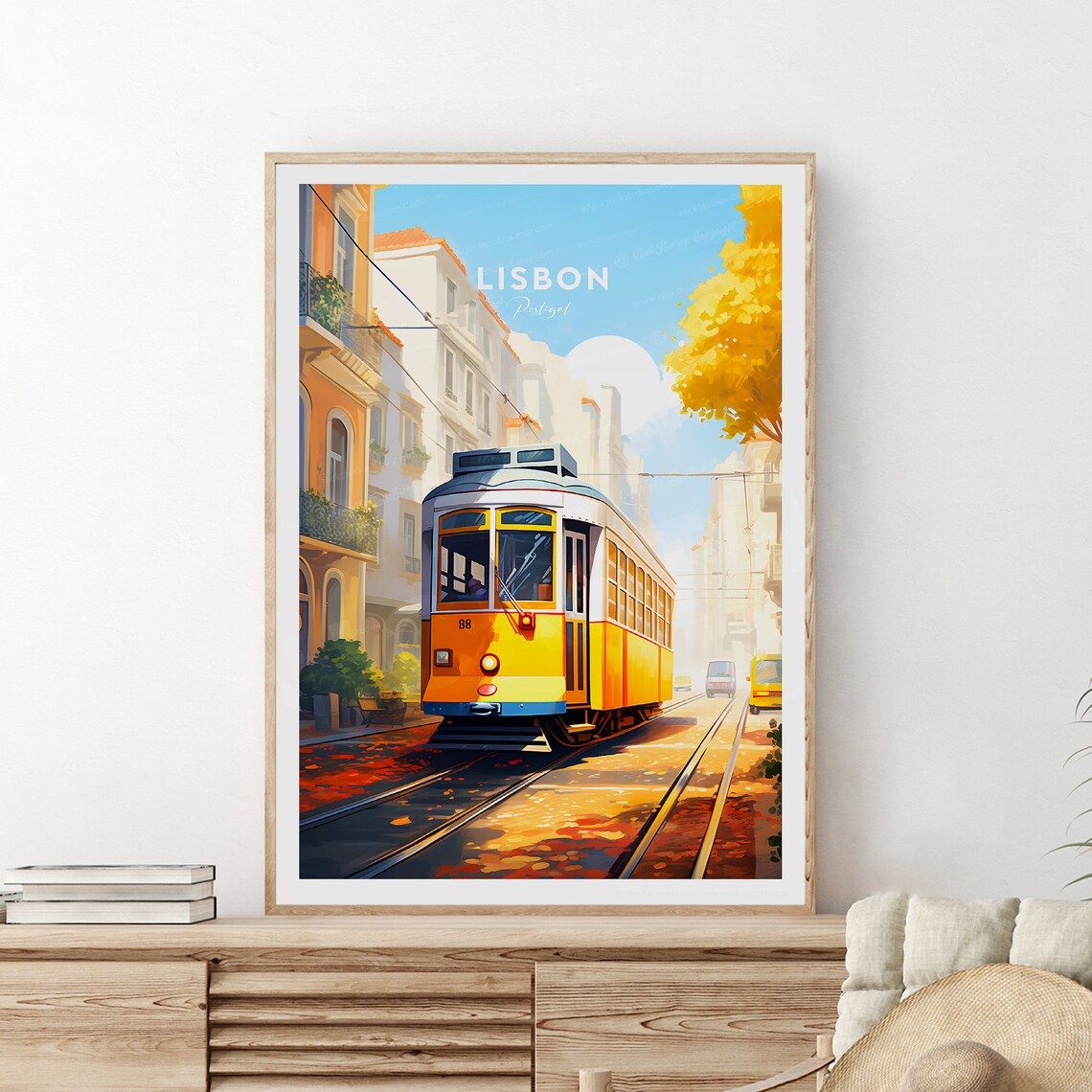 Lisbon Portugal Yellow Tram Street Historic Old Town Scene Poster - Image 2