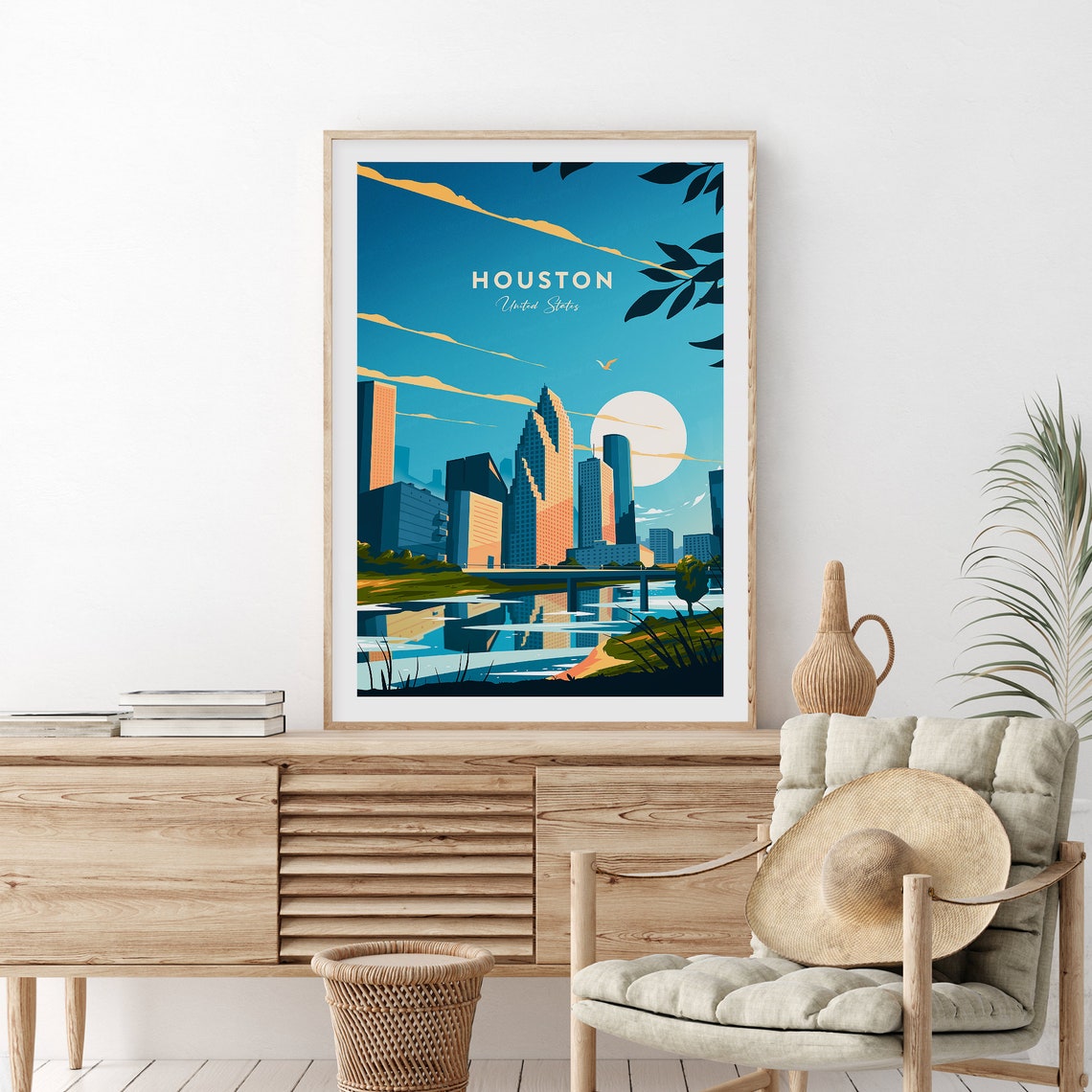 Houston Texas Skyline Bayou City Downtown Retro Travel Poster
