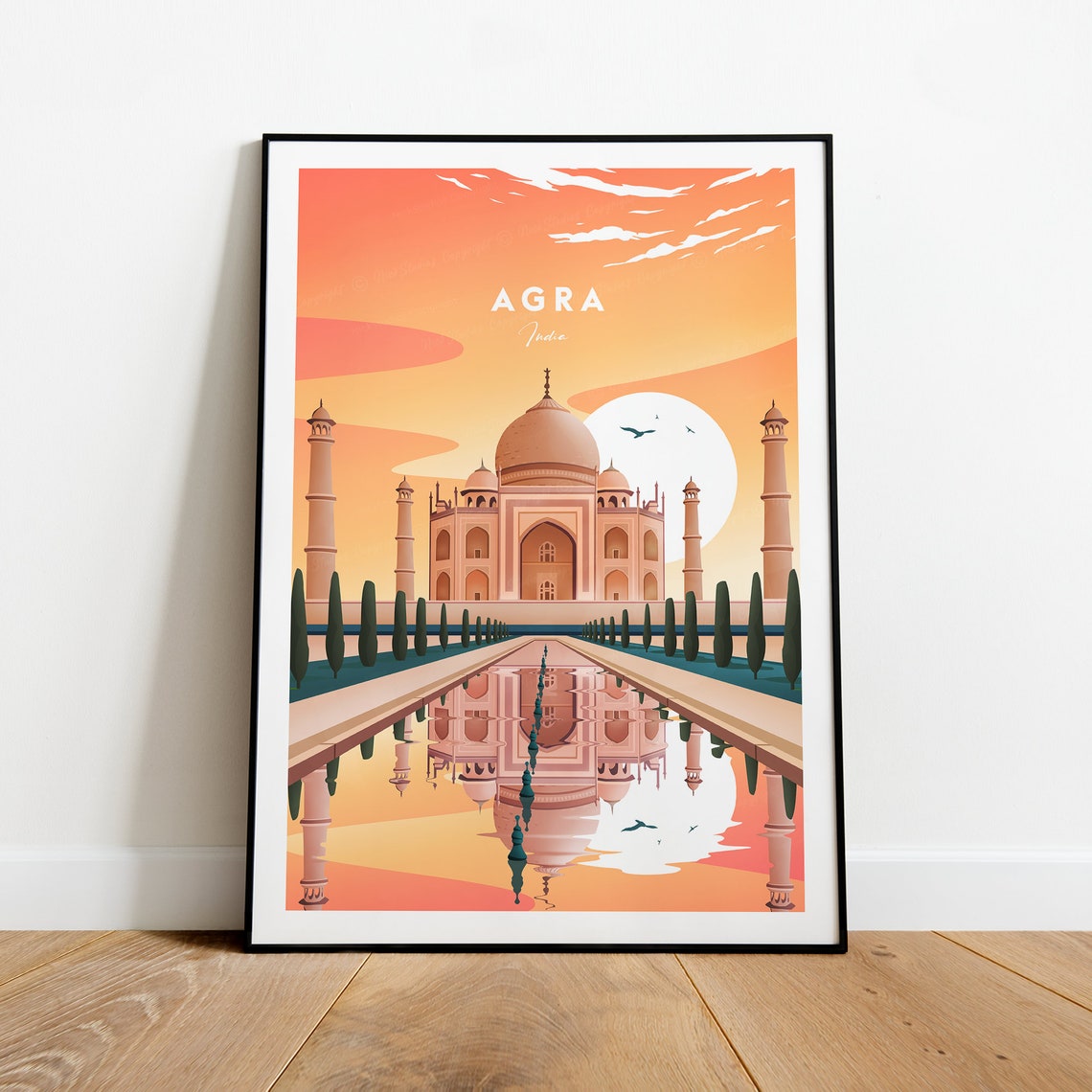 Agra Taj Mahal Sunset Reflection Marble Mausoleum Travel Poster