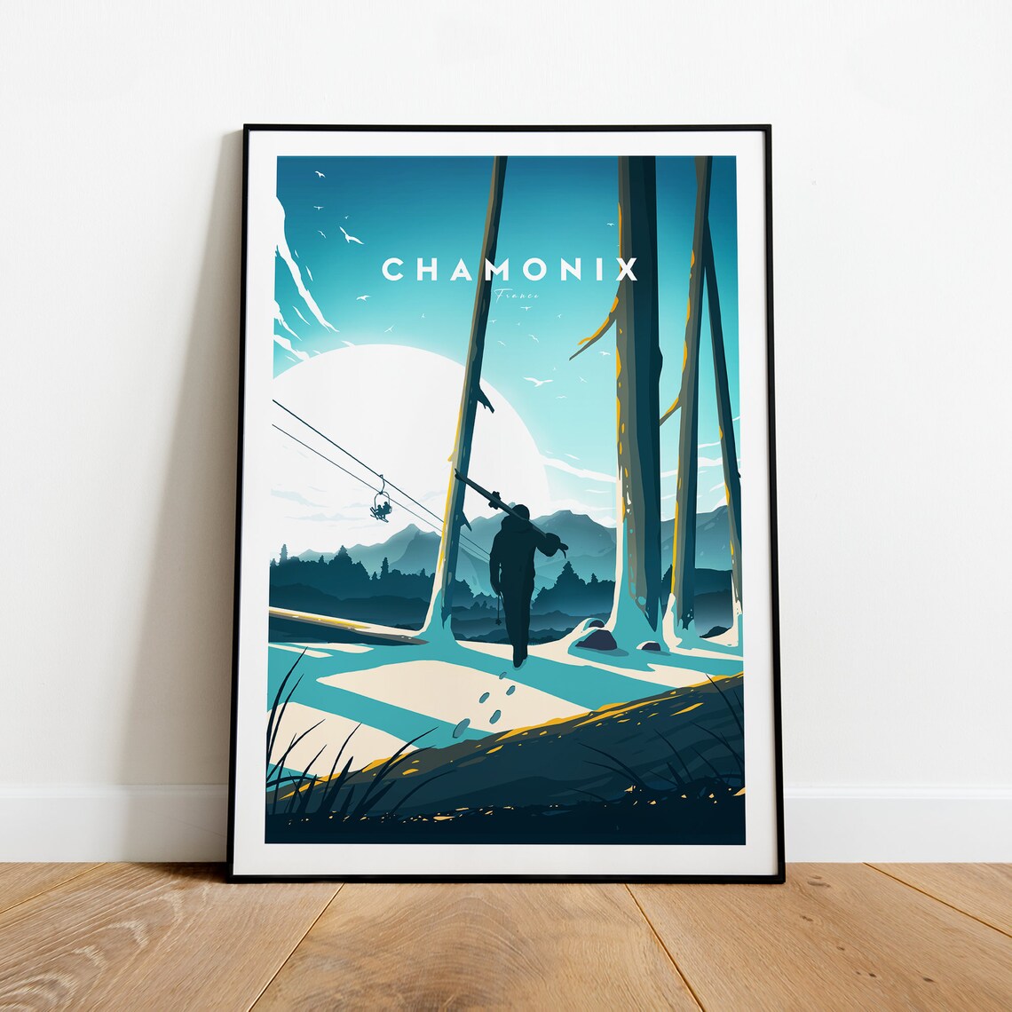 Chamonix France Skier Snowy Forest Dusk Alpine Ski Travel Poster - Image 2