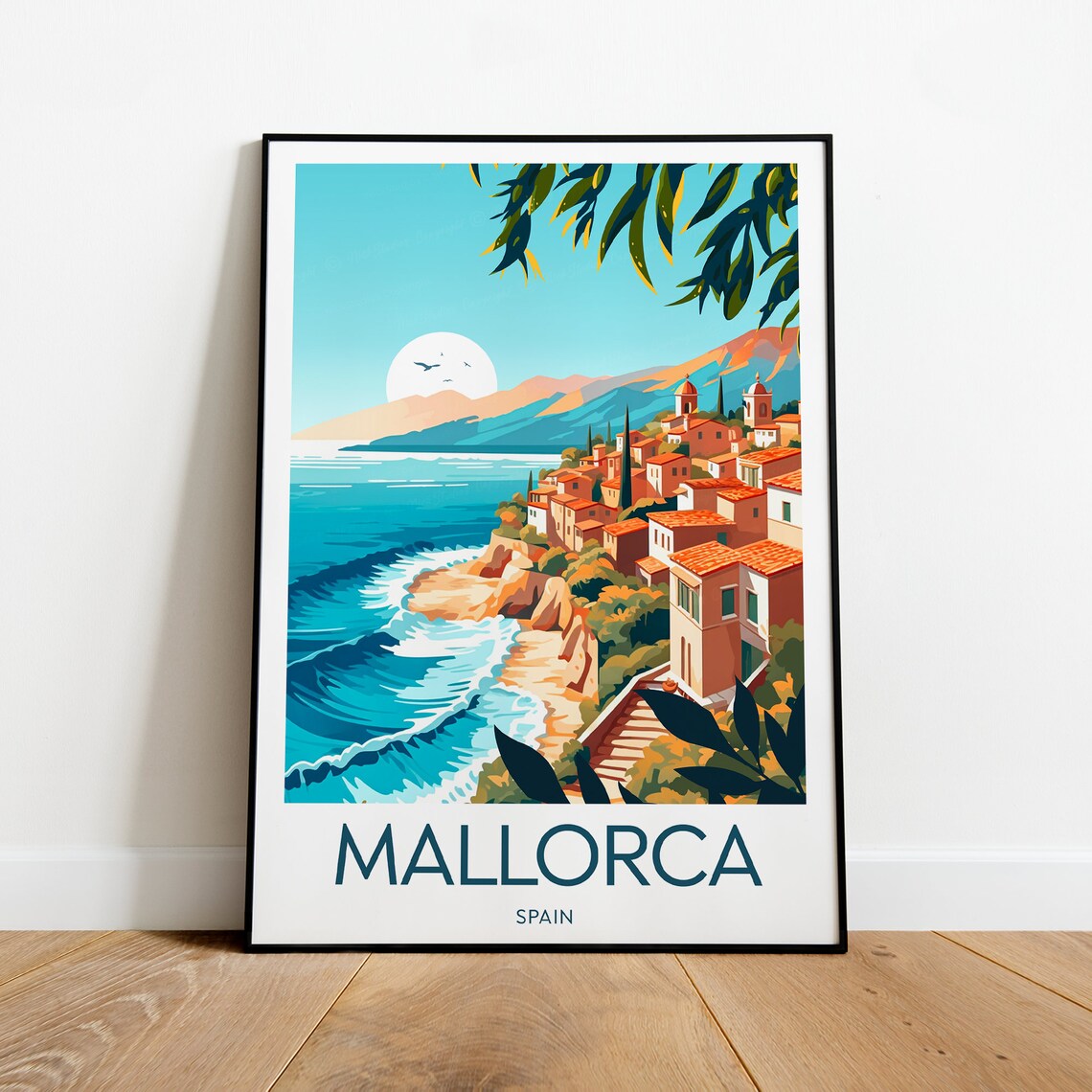 Mallorca Spain Seaside Village on Cliffs Vintage Travel Poster - Image 2