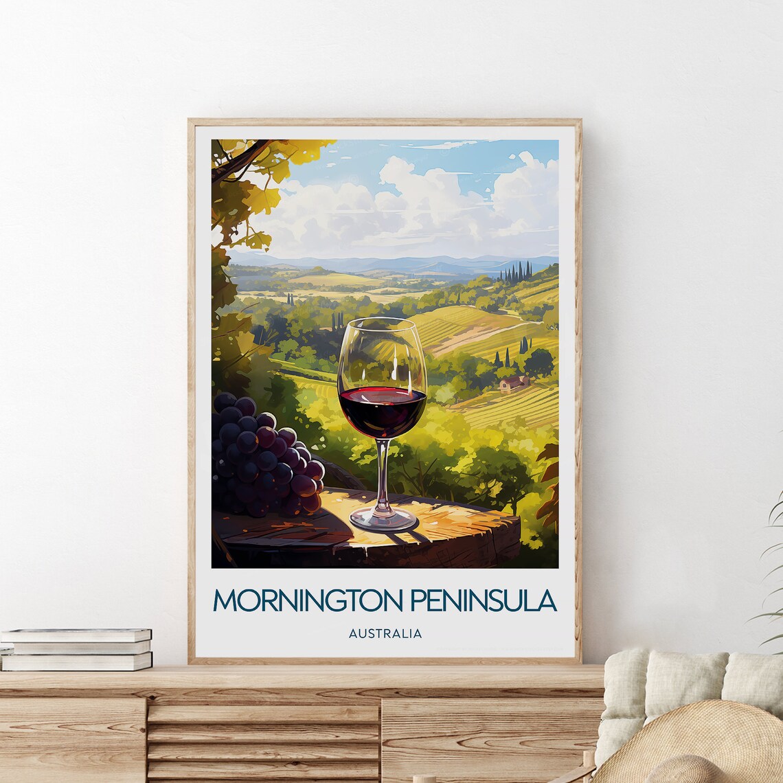 Mornington Peninsula Single Red Wine Glass Over Vineyards Poster