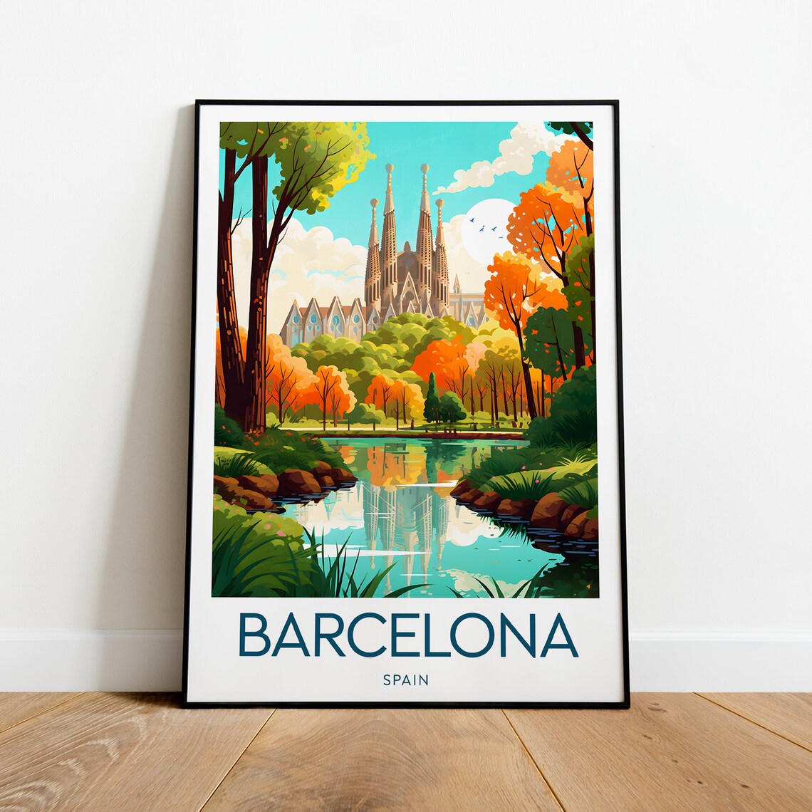 Barcelona Spain Sagrada Familia Lake Reflection Travel Poster