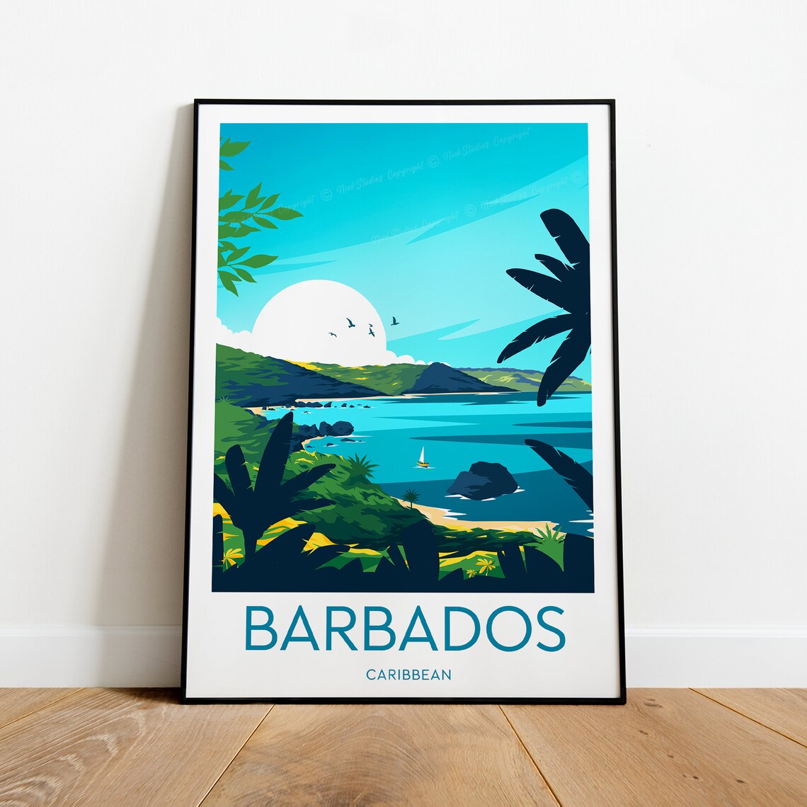 Barbados Caribbean Green Hills Bay Sailboat Sunset Travel Poster - Image 2