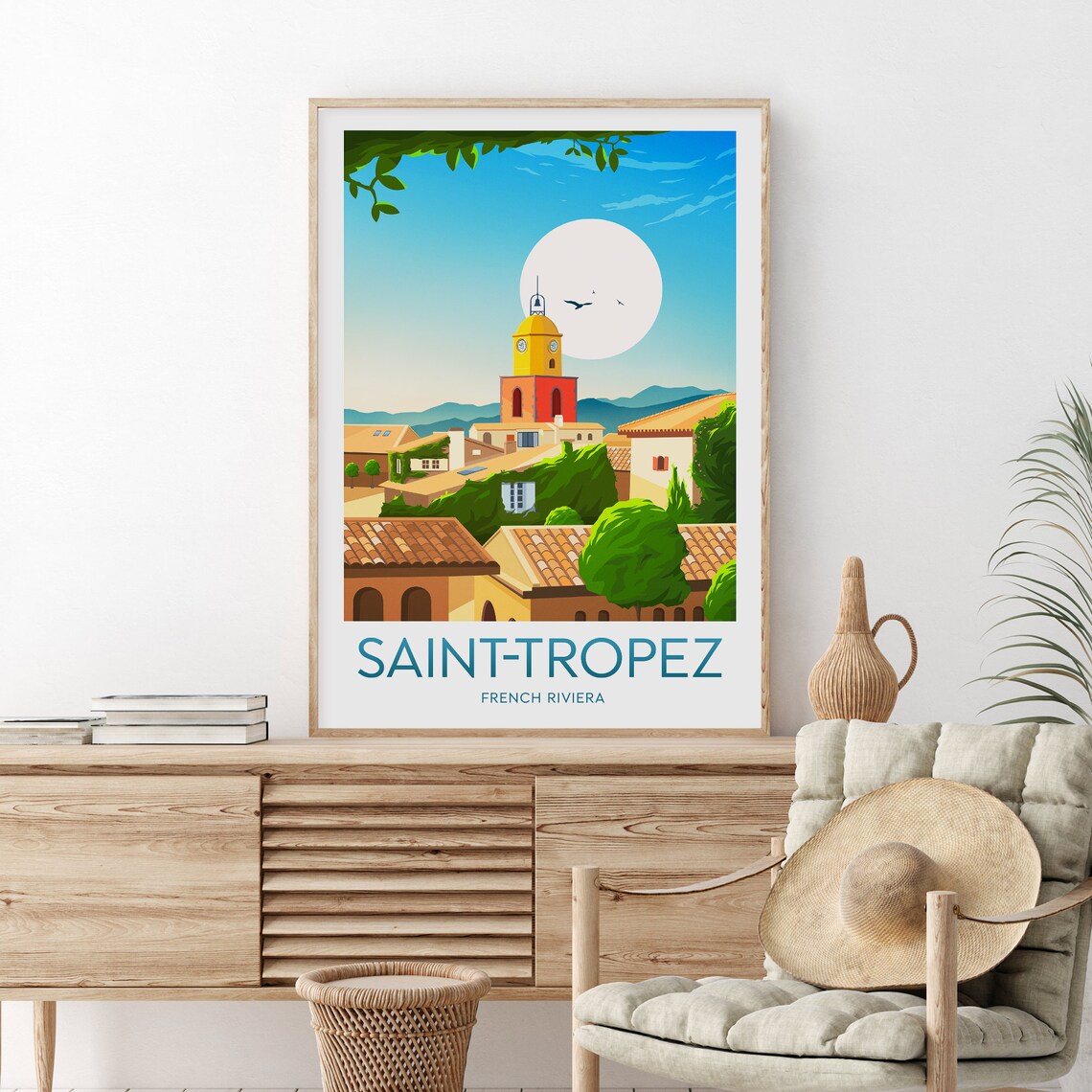 Saint-Tropez French Riviera Clock Tower Village Rooftops Travel Poster