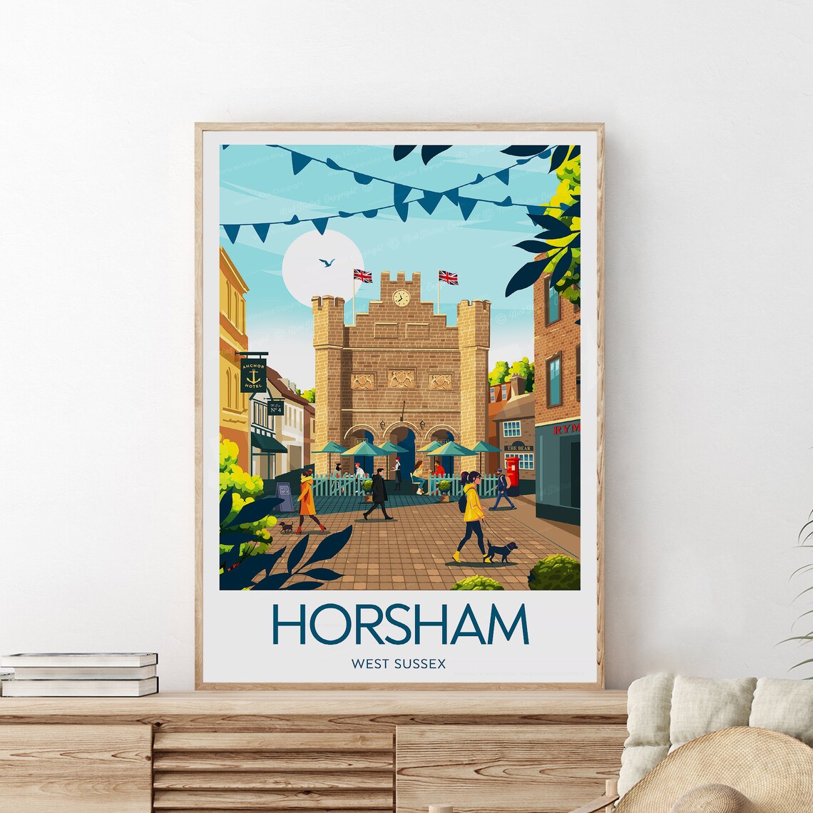 Horsham West Sussex Market Square Gate Bunting Travel Poster