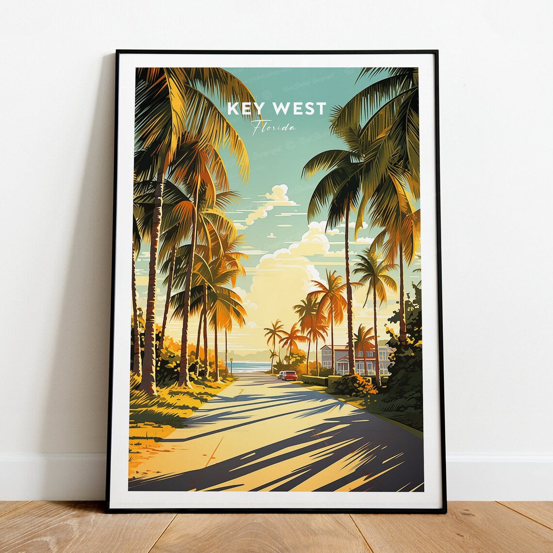 Golden Sunlit Key West Florida Palm Street Vintage Travel Poster