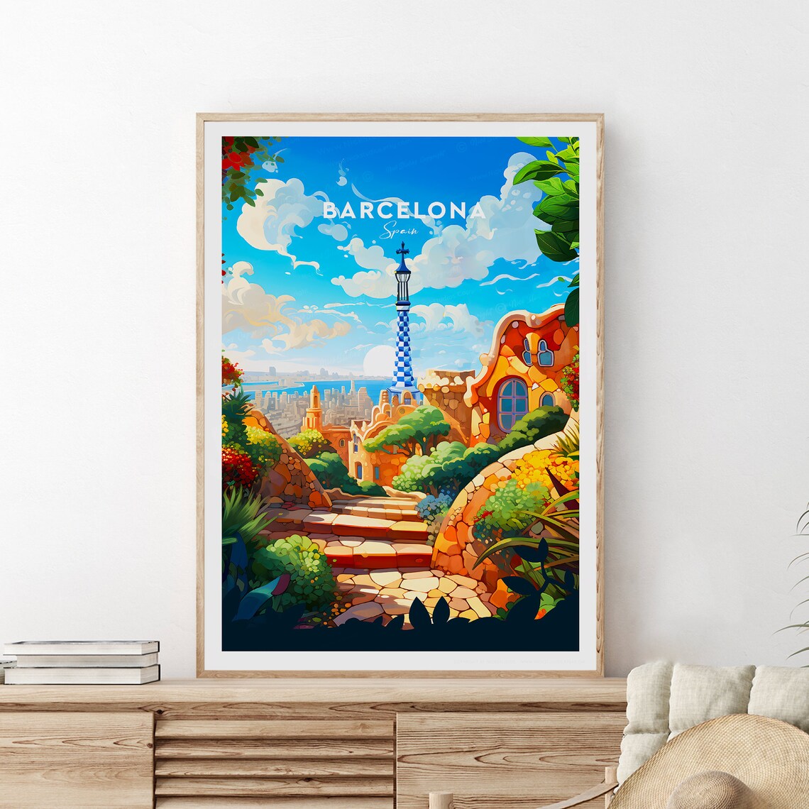 Barcelona Spain Park Guell Mosaic Terrace Gardens Travel Poster