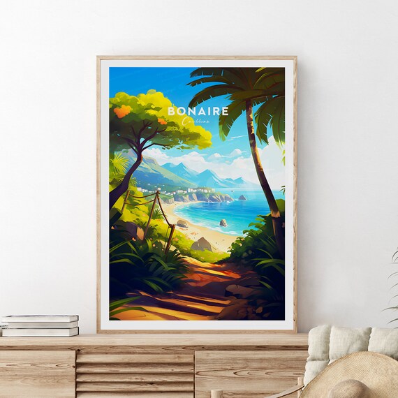 Bonaire Caribbean Tropical Beach and Palm Tree Travel Poster