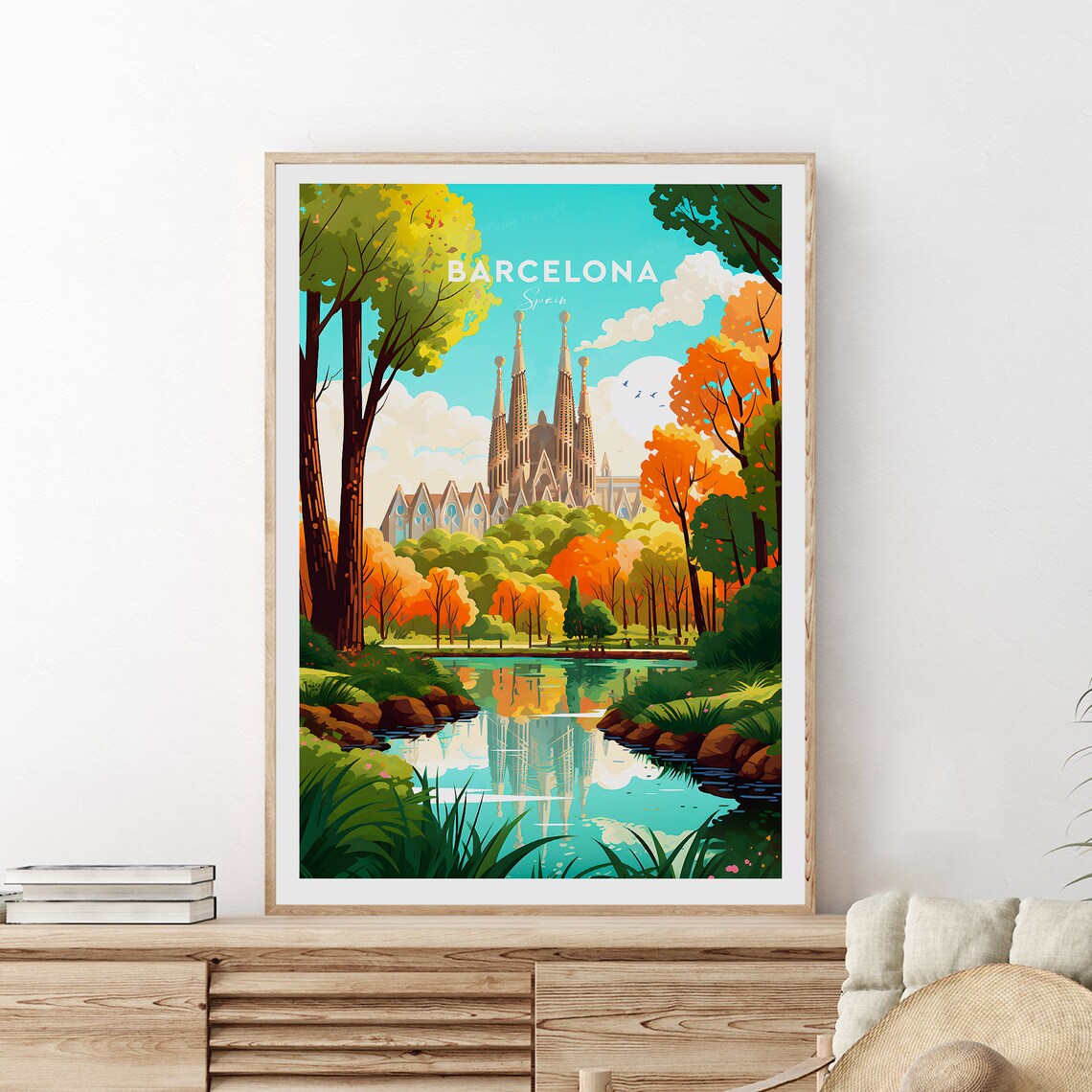 Barcelona Sagrada Familia Lakeside Autumn Scene Travel Poster - Image 2