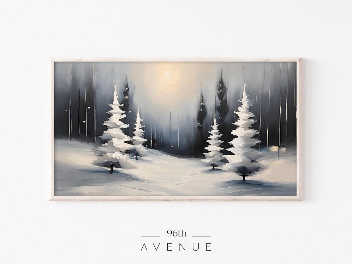 Ethereal Snowy White Pines Misty Winter Forest Modern Art Poster