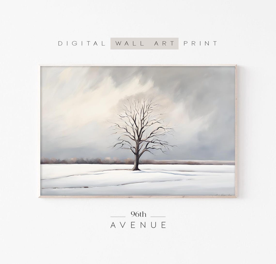 Solitary Bare Tree in Vast Snowy Field Winter Landscape Poster