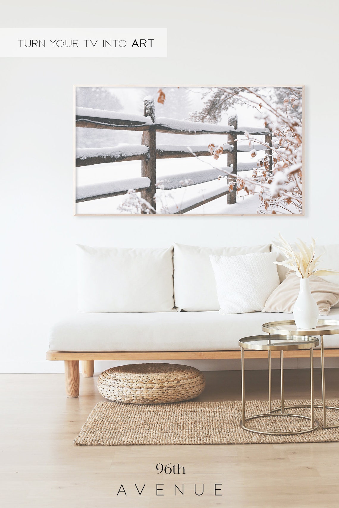 Snow Covered Wooden Fence Winter Branches Countryside Poster - Image 2