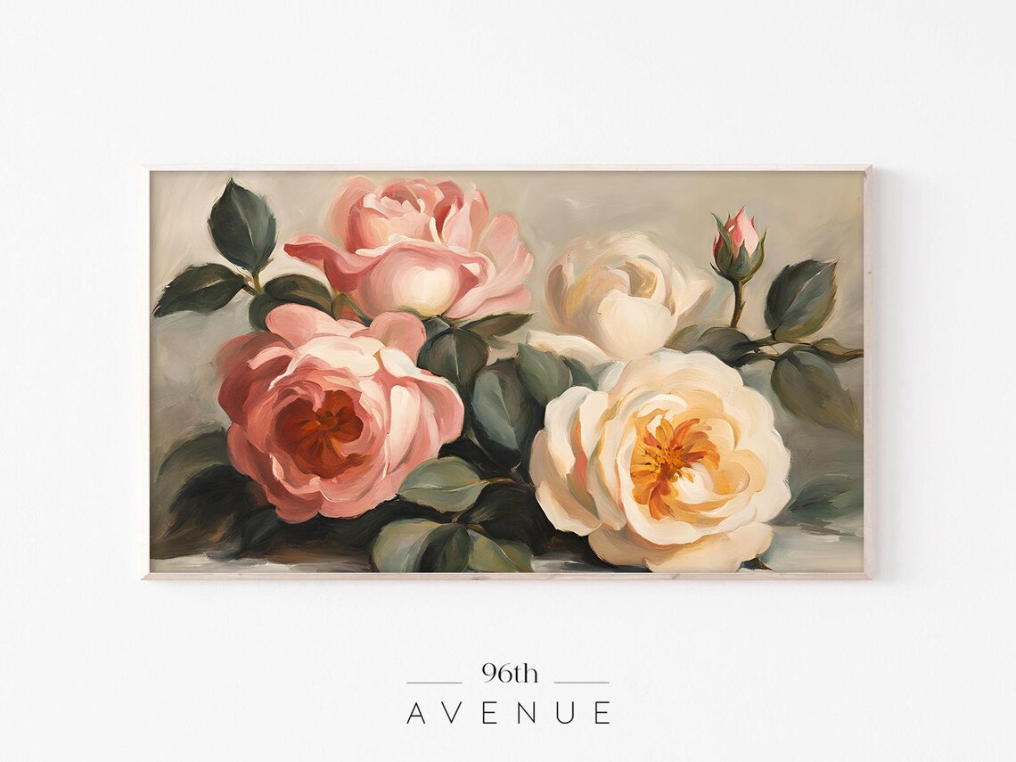 Pink Cream Roses Vintage Oil Painting Romantic Floral Poster