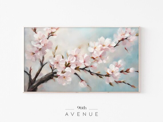 Spring Cherry Blossom Branch Pink Flowers Soft Blue Painting Poster