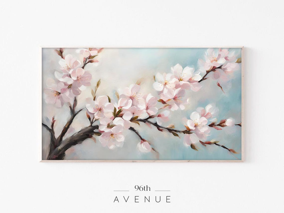 Spring Cherry Blossom Branch Pink Flowers Soft Blue Painting Poster