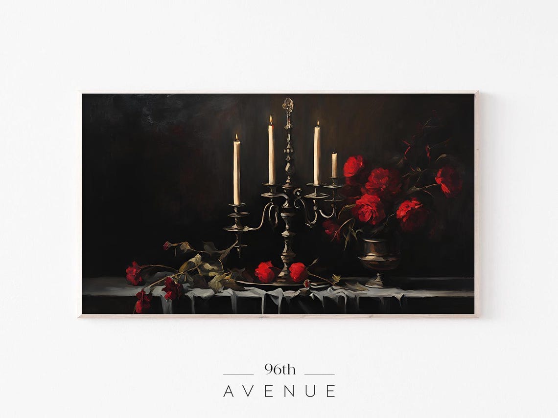 Gothic Candelabra With Candles And Red Roses Dark Still Life Poster