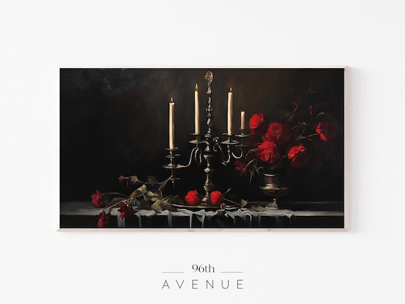Gothic Candelabra With Candles And Red Roses Dark Still Life Poster