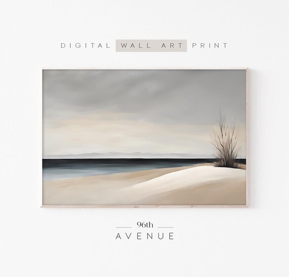 Beach Landscape Painting Print For Moody Coastal Scene Ocean Neutral Painting Instant 1020